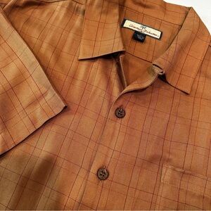 Tommy Bahama Silk Plaid Hawaiian Shirt‎ Men's Large Brown Rust Business Casual